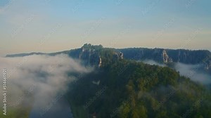 SAXON SWITZERLAND, Sächsische Schweiz, GERMANY. Aerial View by day. Beautiful tourist destination and attraction from above. 4K drone. (Fall 2021, Original 4K)