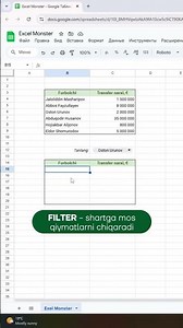 Google sheetsda 3ta foydali funksiya: UNIQUE, SORT, FILTER | Excel Monster
