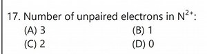 Number of unpaired electrons in N2  :(A) 3(B) 1(C) 2(D) 0... | Filo