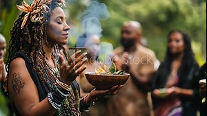 An African tribal woman wears a headdress and holds a bowl, she is surrounded by people. African tribal rituals
