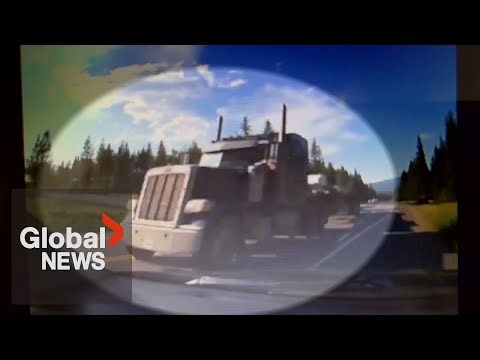 Dashcam video shows semi crossing double yellow line to pass on BC highway