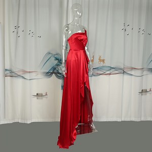 [Hot Item] Women Red Satin Evening Dress Split Fashion Sexy Gown