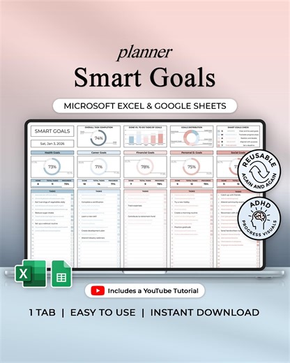 Smart Goals Tracker - Goal Planner - Excel & Google Sheets Template - Ocean Theme - Instant Download - Etsy