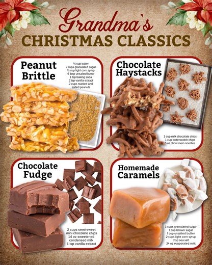 Taste the magic of Christmas past with Grandma’s sweetest holiday treats 🍬🎄✨ Ingredients 🍬 Peanut Brittle ½ cup water 2 cups granulated sugar ½ cup light corn syrup (I used Karo brand) 6 tablespoons unsalted butter cubed 1 teaspoon baking soda 2 teaspoons vanilla extract 2 cups roasted and salted peanuts, Make sure to use a brand that does NOT still have the skins on the peanuts. They may be labeled as “blanched”. 🍬 Chocolate Haystacks 1 cup milk chocolate chips 1 cup butterscotch chips 5 ou