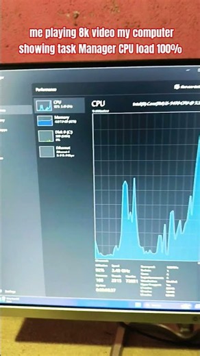 me playing 8k video my computer showing task Manager CPU load 100% #shorts