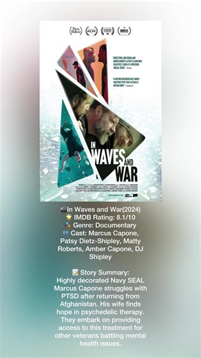🎬In Waves and War(2024) 🌟 IMDB Rating: 8.1/10 🎭 Genre: Documentary 👥 Cast: Marcus Capone, Patsy Dietz-Shipley, Matty Roberts, Amber Capone, DJ Shipley 📝 Story Summary: Highly decorated Navy SEAL Marcus Capone struggles with PTSD after returning from Afghanistan. His wife finds hope in psychedelic therapy. They embark on providing access to this treatment for other veterans battling mental health issues.