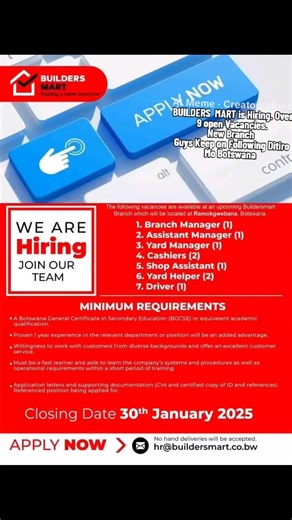 Buildersmart Job Vacancies in Ramokgwebana, Botswana