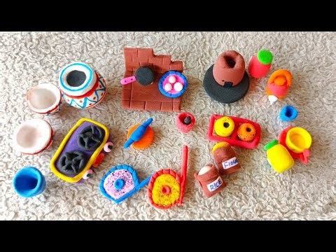 DIY how to make miniature doll kitchen with polymer clay, village kitchen, doll food, tandoori