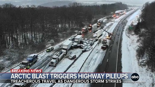 A dangerous winter storm triggered horrific pileups in multiple states, sending cars and trucks colliding on snowy highways. Whit Johnson reports and Lee Goldberg has more on the winter storm sweeping across the East. https://abcnews.link/YLQuIbK | ABC World News Tonight with David Muir