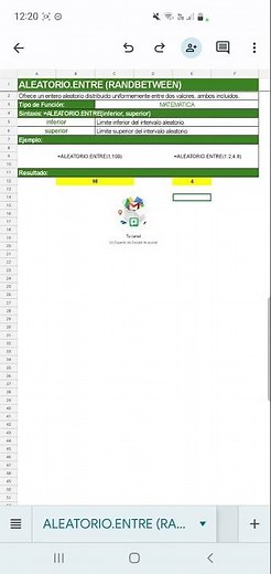 [GOOGLE SHEETS] FUNCIÓN ALEATORIO.ENTRE (RANDBETWEEN) GENERA NÚMERO ENTERO ALEATORIO ENTRE 2 VALORES