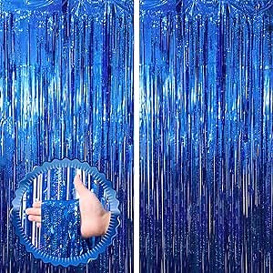 Voircoloria 2 Pack Blue Tinsel Foil Fringe Curtains, Blue Party Decorations, Metallic Tinsel Party Streamers Backdrop for Birthday Baby Shower Graduation Wedding Anniversary Party Decorations