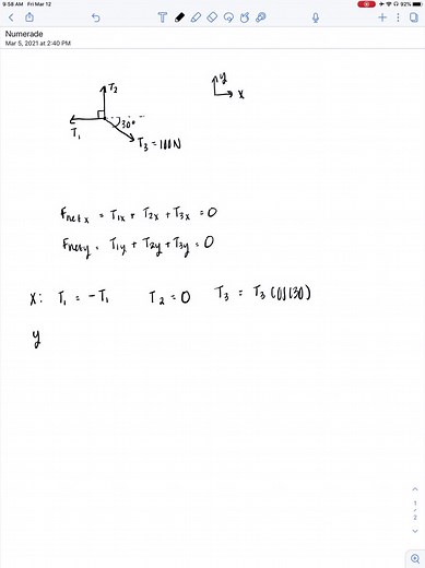 The three ropes in Figure P 5.1 are tied to a small, very light ring. Two of the ropes are anchored to walls at right angles, and the third rope pulls as shown. What are T1 and T2, the magnitudes of the tension forces in the first two ropes? | Numerade