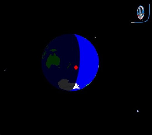Simple visual explanation of the apparent reentry with a "v-turn" trajectory of Integrity.(the temporal progress is gradually slowed down)The red dot is the vertical projection of the capsule, but its velocity vector is almost tangent to the Earth (pointing the Earth limb on the right) to re-enter at the proper angle.#ArtemisII