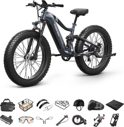 PUCKIPUPPY 26 inch Electric Bike for Adults 28 mph Max Speed 960W Peak Full Suspension Ebike up to 80Miles Range 48V 20AH Battery 7 Speed Fat Tire Electric Mountain Bike, Comply with UL2849 By SGS
