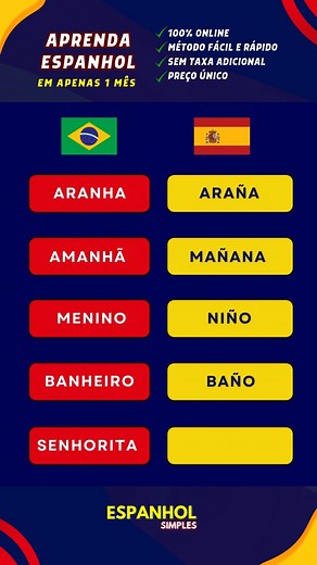 💎Conheça nosso CURSO INTENSIVO ESPANHOL SIMPLES contendo: 🔸Vocabulário diversos; 🔹Dicas de Pronúncia; 🔸Muitas frases; 🔹Expressões nativas; 🔸Gírias mais usadas; 🔹E muito mais... 🔊 ÁUDIO EM MP3 🎧; 🎁 7 Bônus Gratuitos 🎁: 1️⃣ E-book Dicas de estudo; 2️⃣ 100 flashcards e Áudio; 3️⃣ Conjugação dos Verbos; 4️⃣ E-book de Exercícios e Quiz; 5️⃣ Entrevista de Emprego em Espanhol; 6️⃣Entrevista de Emprego em Inglês; 7️⃣ Frases e Guia de Viagem em Inglês. 💻100 % Digital 🎧Áudio em mp3 🎖️Garanti