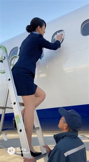 そこ代わってくれw 脚立に乗って飛行機の窓を拭くCAさん4 #ca #cabincrew #flightattendant #キャビンアテンダント #客室乗務員