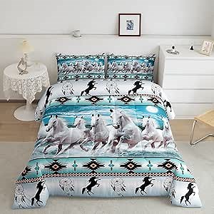 Aztec Comforter Set African Tribal Horse Printed Bedding Set,Farm Animals Duvet Insert Ethnic Tribe Arrow Dream Catcher Quilt Queen,Southwest Native Exotic Nordic Style Room Decor
