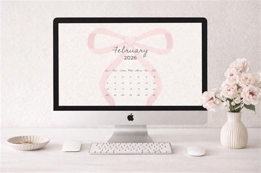 February 2026 Desktop Wallpaper – Pink Bow Calendar | Coquette Valentine Aesthetic Computer Background - Etsy UK