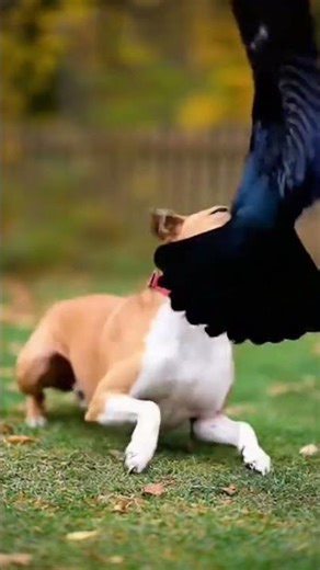 A crow attacked a dog and stole a piece of meat.