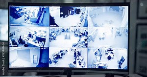 Business, monitor and security with screen, computer and software interface, multicam surveillance, Video system with cameras or people with control and safety with protection and office with display