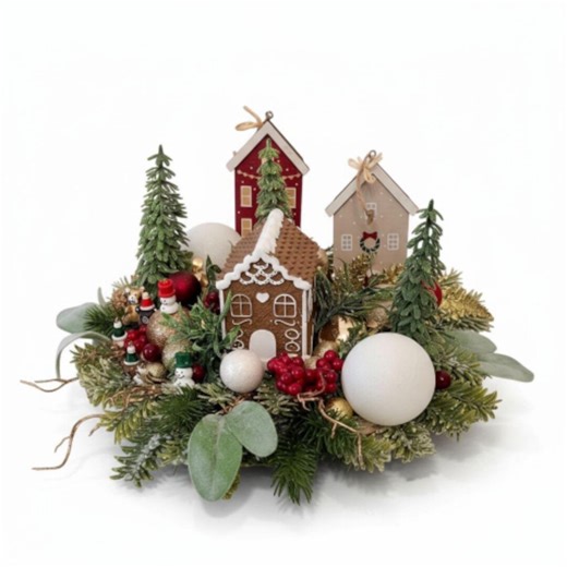 Weihnachtliches Tischgesteck 35 cm • Handgefertigte Winterdorf-Dekoration • Festliches Arrangement mit Lebkuchenhaus und -bäumen • Festliche Heimdekoration - Etsy.de