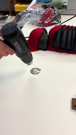 No hat press? No problem. In real time, you can press a patch with Hydbond Leatherette in less than 1 minute with a heat gun. #hydbondleatherette #leatherette #rawhide #hydbond #112 #truckerhats
