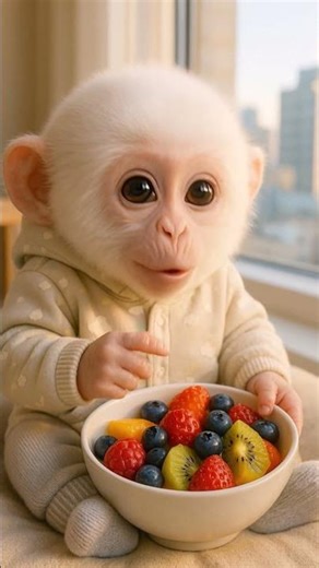 Adorable Baby Monkey Eating Fruit Salad 🥗🌞🐒✨