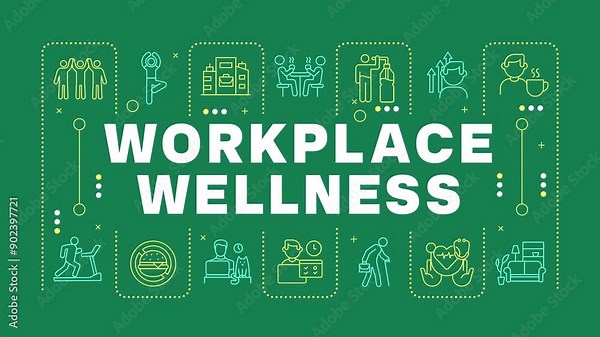 Workplace wellness word banner animation. Physical health, fitness. Mental healthcare, meditation. Dynamic headline with outline icons on green background. HD video with alpha channel. Motion graphic