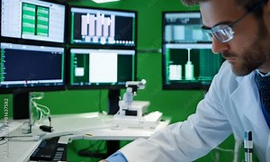 A male scientist in a white lab coat works with an advanced deep computer