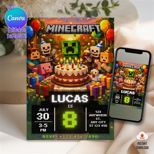 Minecraft Birthday Invitation Template, Gamer Party Card, Editable Canva, Pixel Block Game Theme, Printable Kids Invite, Instant Download - Etsy