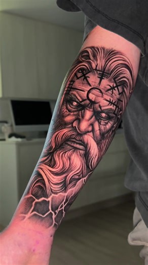 Odin for his first big tattoo by Madman #sydneytattooartist #realismtattoo #blackandgreytattoo