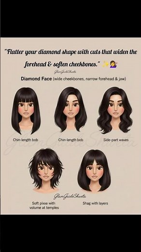 "Flatter your diamond shape with cuts that widen the forehead & soften cheekbones." ✨💇‍♀️#hairstyle