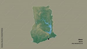 Bono, region of Ghana, with its capital, localized, outlined and zoomed with informative overlays on a relief map in the Stereographic projection. Animation 3D