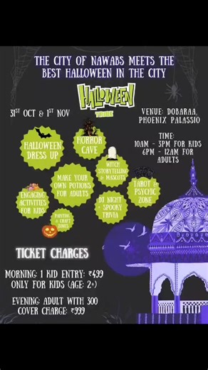 Momly on Instagram: "Something Spooktacular Awaits at Dobara! 💀✨ This Halloween – 31st Oct & 1st Nov at Dobara, Phoenix Pallasio 👻 Wje’re turning the place into a haunted playground of fun! 🧒 Daytime: Bring your little monsters for our Halloween Kids Party – games, treats & spooky surprises galore! 🍭🕷️ *Exclusive offer: 10% off for Momly Plus members.* *Use Code MOMLY10* Book your seat at: https://in.bookmyshow.com/events/halloween-tribe/ET00466950 Link in Story"