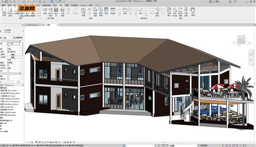 分享一个热带风格木质餐厅饭店Revit模型，内部包含大量家具，非常优质的BIM正向设计素材