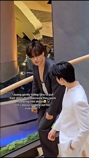 Jung saw a fan wearing a short skirt so he told her to pull it down a bit. She's so sweet. #joong...