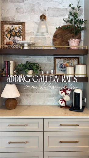 Kitchen gallery rails we installed! Here’s the start to finish process and how they turned out! This DIY patina process is so easy to do on unlacquered brass! Link in comments! Kitchen decor Kitchen shelf decor Kitchen shelf decorating Kitchen design Kitchen decor ideas Stone backsplash Floating shelves