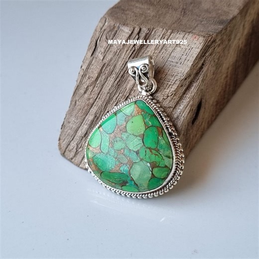 Green Copper Turquoise Pendant: 925 Sterling Silver Pear Gemstone Jewelry - Etsy