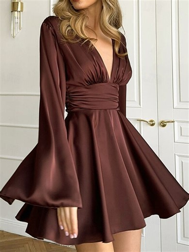 Women's Mini Dress Satin Dress Prom Dress Party Dress Cocktail Dress Fashion Modern Evening Party Party Cocktail Party Regular Fit Plain Long Sleeve V Neck Black Brown Green Gray Spring Fall 2025