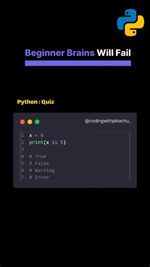Coding with pikachu on Instagram: "Think you really know Python? 🐍💡 Test your logic with this Python MCQ quiz and level up your coding skills 🚀 Perfect for: ✅ Beginners ✅ Students ✅ Developers preparing for interviews ⚠️ Only real coders will get this right. Drop your answer in the comments 👇 Save & share with your coding squad 💻🔥 #Python #PythonQuiz #PythonMCQ #LearnPython #PythonProgramming #CodingQuiz #CodeDaily #ProgrammingQuiz #DeveloperLife #PythonLearners #CodingCommunity #CodeNewbi