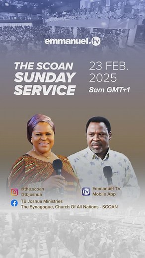The Synagogue, Church Of All Nations - SCOAN on Instagram: "Join us for tomorrow’s Sunday Service, to be broadcast live from The Synagogue, Church Of All Nations (SCOAN), Lagos, Nigeria. Get ready to receive a life-changing touch from Jesus Christ! If millions of people in this generation are to believe, they must see proof that Jesus Christ is the same yesterday, today and forever. “When the power of God is present, healing, deliverance and all of God’s blessings are just like breathing!” - Pro