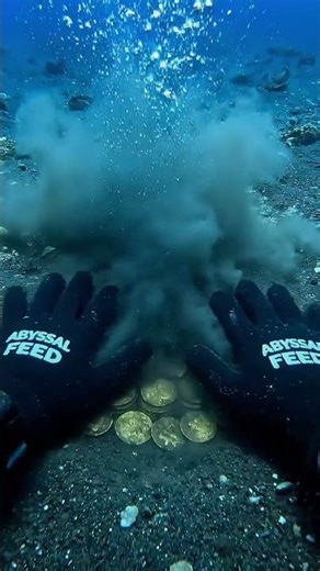 POV Deep Sea Gold Coins in a Cracked Seabed