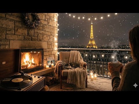 Winter Paris Fireplace Dream Jazz | Soft Bossa Nova & Balcony Glow for Peaceful Evenings