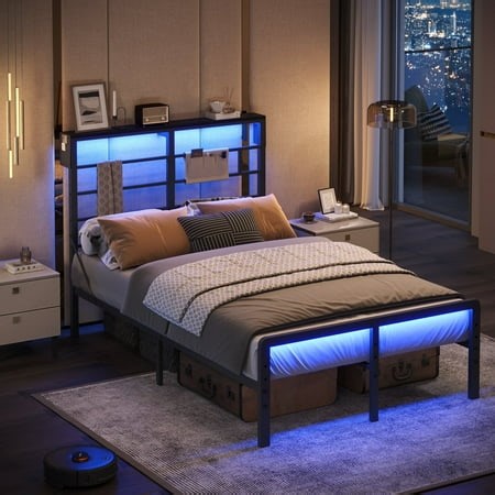 Bestier Full Size Bed Frame with Wooden Headboard, Metal Platform Bed Frame with LED Lights Charging Station Black - Walmart.ca