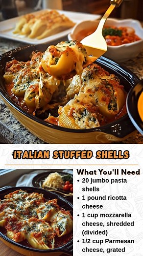 Italian Stuffed Shells *Classic Italian comfort in one dish. Jumbo shells filled with creamy ricotta, mozzarella, and herbs, layered with marinara and baked until bubbly. It’s hearty, cheesy, and perfect for sharing around the table.* What You'll Need 20 jumbo pasta shells 1 pound ricotta cheese 1 cup mozzarella cheese, shredded (divided) 1/2 cup Parmesan cheese, grated 1 egg, beaten 2 cups marinara sauce 1 tablespoon fresh parsley, chopped 1 tablespoon fresh basil, chopped 1 teaspoon garlic pow