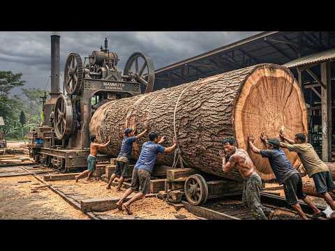 Satisfying Timber Transformation Watch Massive Logs Become Hardwood Planks in a Sawmill