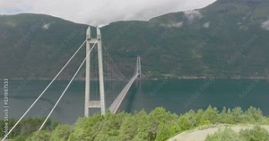 Hardanger Bridge Over The Eidfjord From The Viewpoint, Tunnel To Tunnel Suspension Bridge In Norway. - aerial