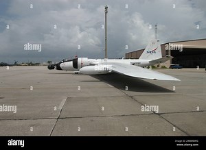 The WB-57F aircraft at Patrick Air Force Base is prepared for test flights to photograph Space Shuttle Discovery during STS-114. It carries the WB-57 Ascent Video Experiment (WAVE), an imaging system with a 32-inch ball turret, optical bench, HDTV and infrared cameras, and 11-inch diameter fixed-focal-length lenses, capable of ascent and entry imagery, even under cloud cover or obscured conditions Stock Photo - Alamy