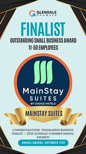 🌟 Finalist Spotlight: MainStay Suites Glendale 🌟 Join us in congratulating MainStay Suites Glendale, a proud finalist for the Outstanding Small Business Award (11–50 Employees) at the 2025 Glendale Chamber Annual Dinner! 🏆 Known for their commitment to excellence and innovation in hospitality, MainStay Suites continues to raise the bar for service and guest experience in our community. Their passion, dedication, and forward-thinking leadership make them a true trailblazer among Glendale busin
