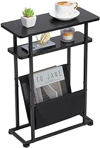 Narrow Small Side Table for Small Spaces - Slim End Table with Magazine Rack - Narrow End Table Living Room Couch Side Table- Skinny Bedside Table Nightstand Bedroom Thin Table (Black)